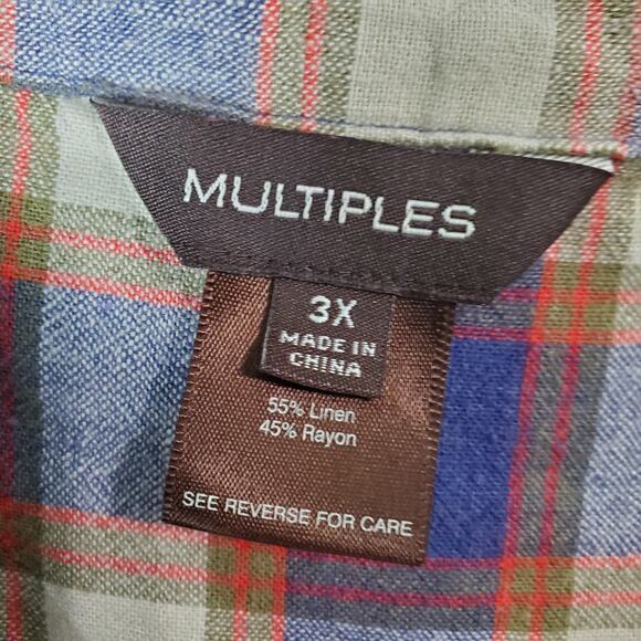 Multiples Womens Linen Floral Embroidered Button Up Plaid Shirt Size 3X Collar - Picture 3 of 5